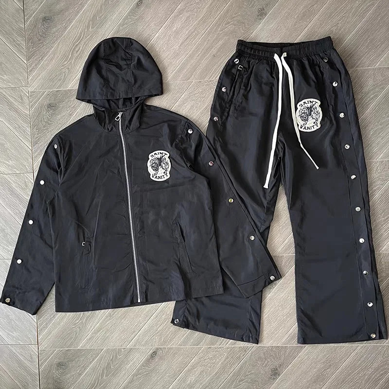Saint Vanity Embroidered Zipper Snap Button Casual Sporty Windbreaker Track Suit Set with Pants Streetwear Fashion 250709