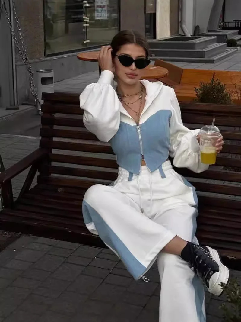 Casual Contrast Hoodies Pants Sets Women Slim Zipper Short Hooded Coats Lace Up Wide Leg Pant Autumn Lady Fashion Tracksuit 250709