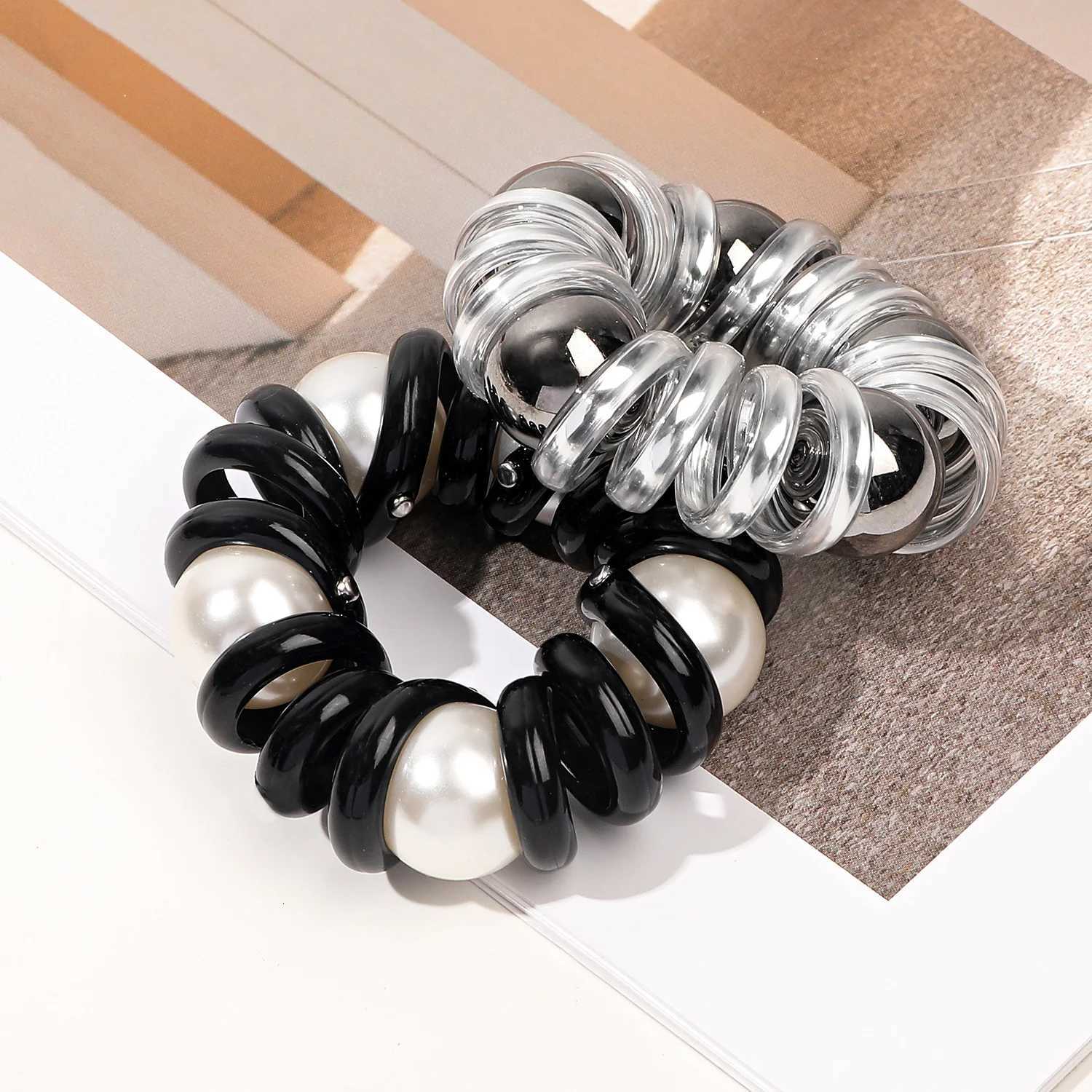 Phone Cord Hair Tie Ring Scrunchies Pearl Beads Clear Telephone Wire Elastic Hair Bands Ponytail Holder Women Hair Accessories Y250711