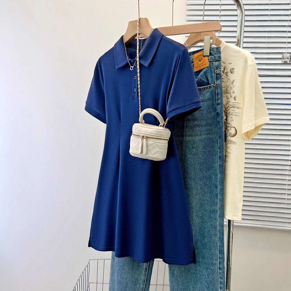 Korean Chic Summer Niche Turn-Down Collar Slim Fit Solid Color Sleeve Petite Bodycon Dress Short Skirt B5