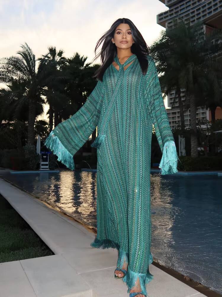 Stripe Loose Women Dresses Tassel With Scarf V neck Female Maxi Dress 2025 Summer Fashion Party Full Sleeve Lady Green Vestidos dongdumaoyi