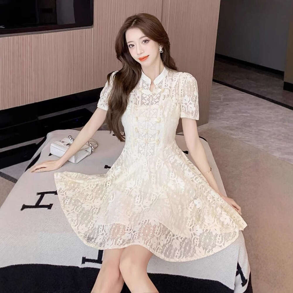 Stand Collar Button Puff Sleeve Lace For Women Summer Sexy Hollow Waist A-Line Base Short Dress B5