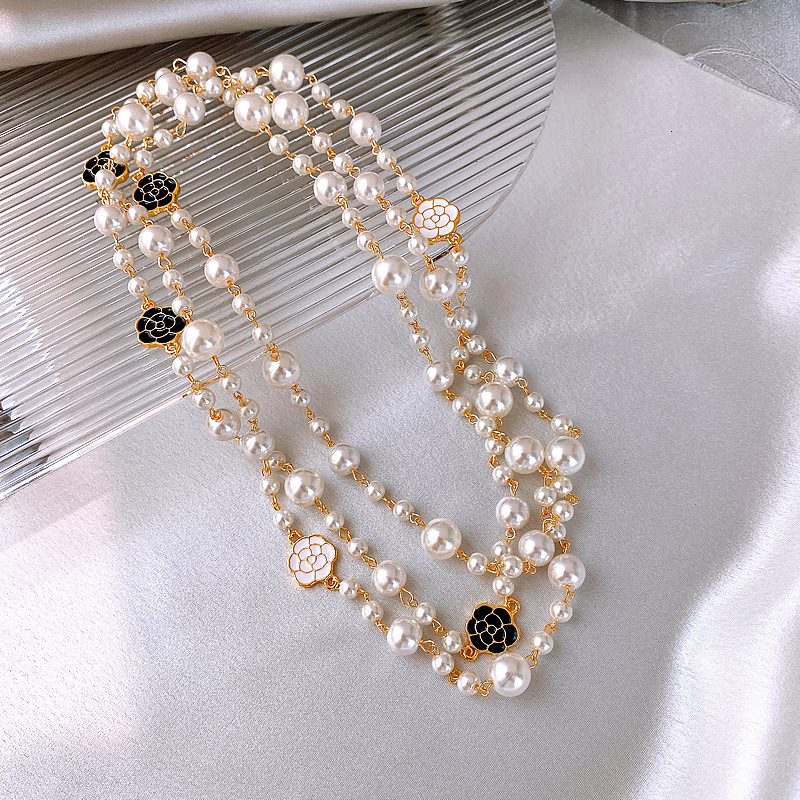 Vintage Lady Camellia Pearls Flower Long Necklace Chain Elegant Double Layers Fashion Jewelry For Women Party Collares de moda 250711