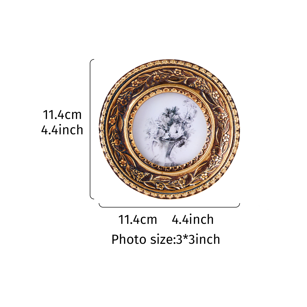 1PC, resin material gold retro three-dimensional pattern round decorative photo frame, warm home desktop decoration ornaments H260306