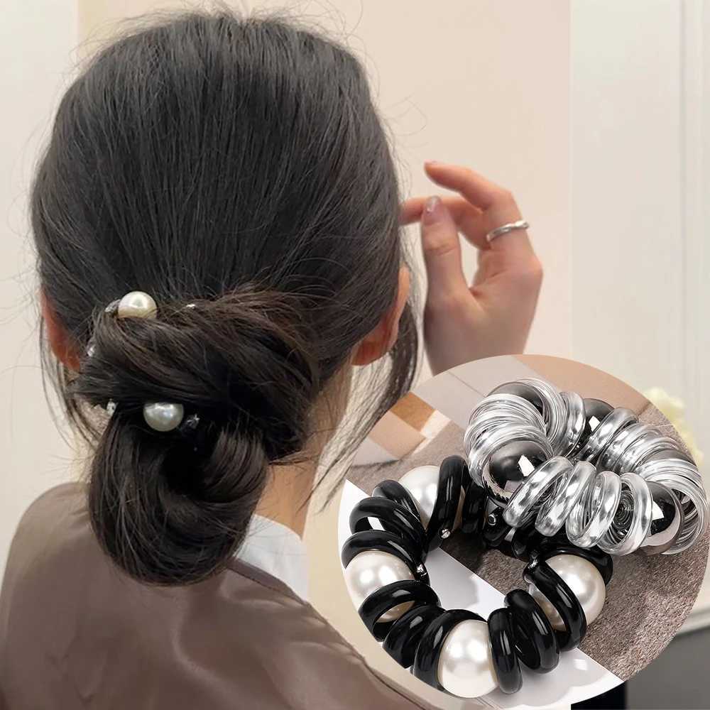 Phone Cord Hair Tie Ring Scrunchies Pearl Beads Clear Telephone Wire Elastic Hair Bands Ponytail Holder Women Hair Accessories Y250711