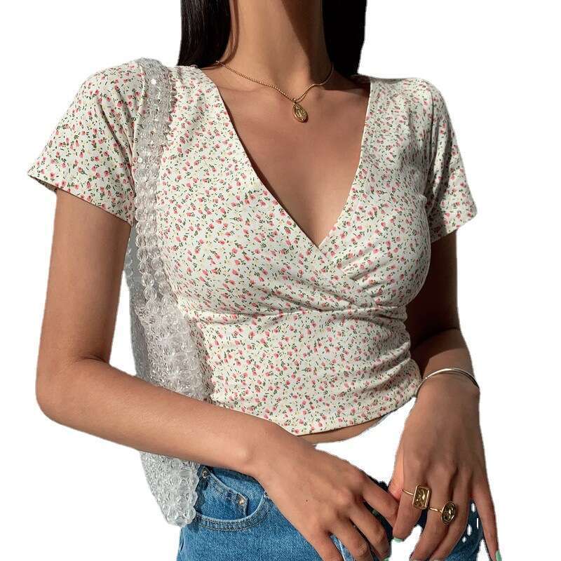 American Style Floral Cross V-Neck Slim Fit Crop Top Short Sleeve T-Shirt For Women Summer New Trend B5