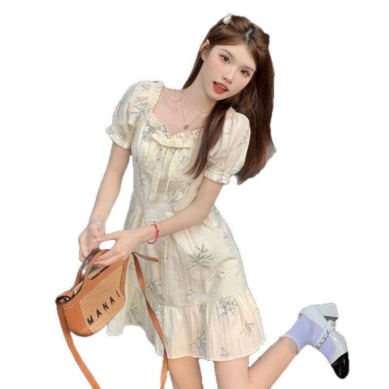 French Style Square Neck Bow Floral Women, Waist-Cinching, Elegant Design, Petite Short Dress For Summer B5