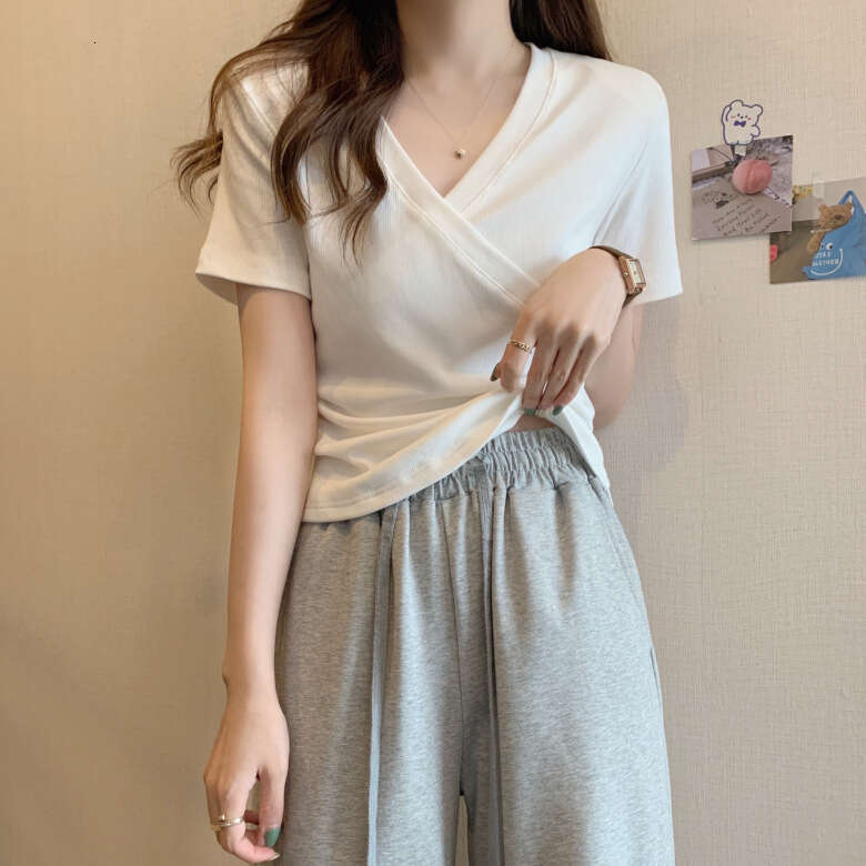 Cross V-Neck Sleeve T-Shirt For Women Summer New Design Slim Fit Short Student Trendy Top B5