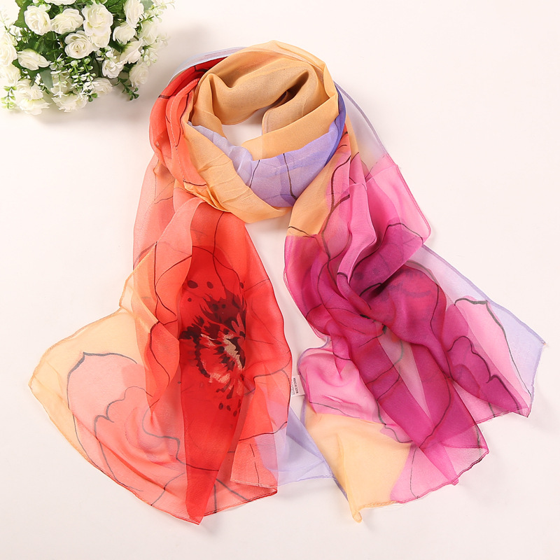 K1311 New women's georgette long silk scarf Yiwu small scarf autumn and winter gift scarf wholesale annual meeting red spider lily scarf