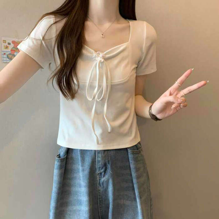 Pink Square Neck Regular Shoulder Sleeve T-Shirt For Women Summer New French Style Slim Fit Tie-Up Petite Short Top B5