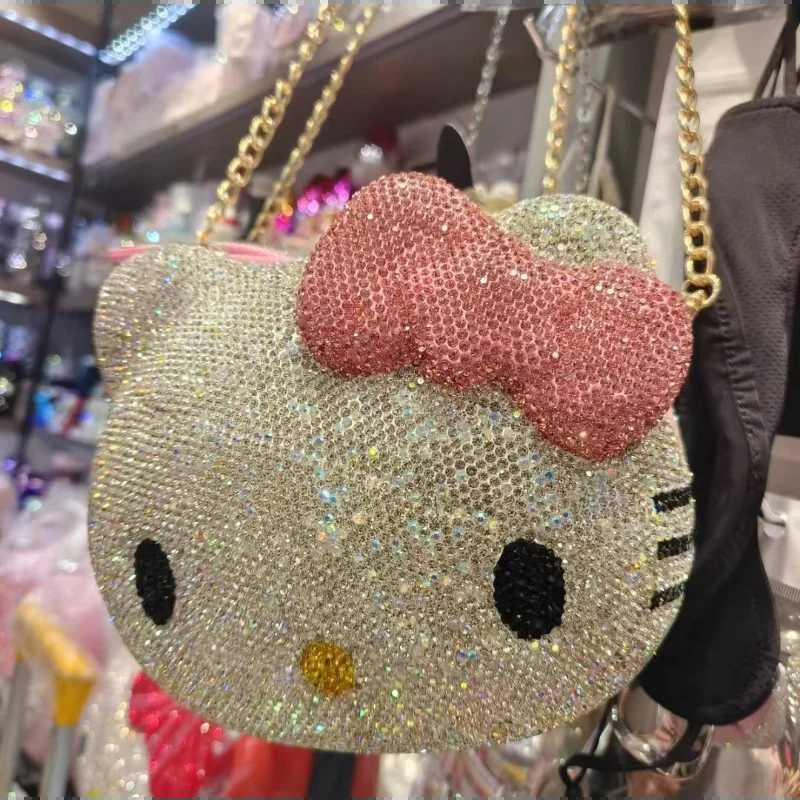 Sanrio Hello Kitty Anime Cartoon Shape Rhinestone Cartoon Full Of Diamonds Dinner Bag Handmade Diamond-set Ladys Clutch Christmas Gift w250711