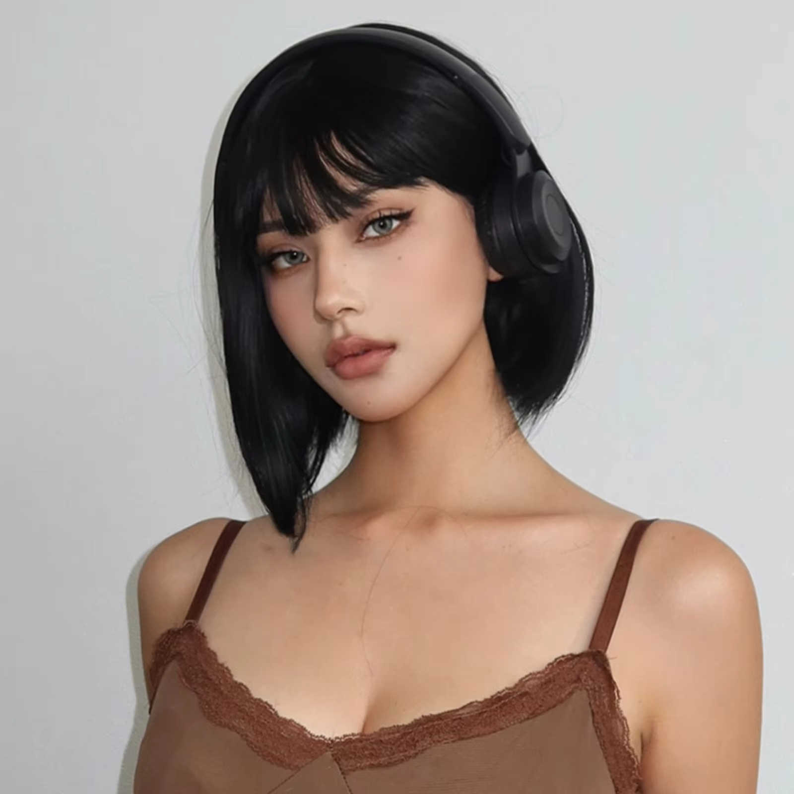 Short Straight Bob Black synthetic wig with fringe Ladies High temperature silk wig Christmas party Cosplay daily wear wig M250711