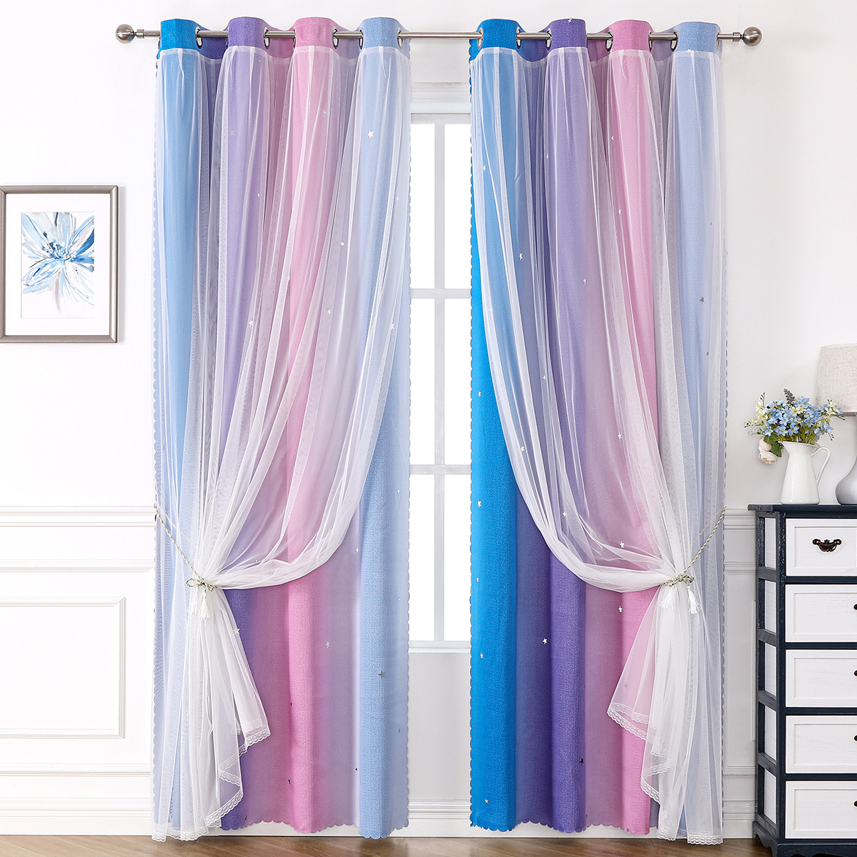 YL-36540 Morandi double curtain rainbow gradient stripe finished cloth yarn integrated blackout curtain