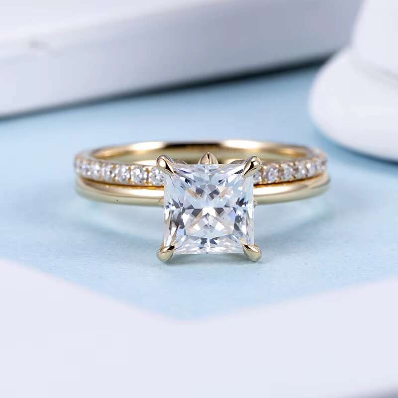 Messi Gems 18K Yellow Gold Square Cut EF 6.5X6.5mm Moissanite Ring Set for Wedding