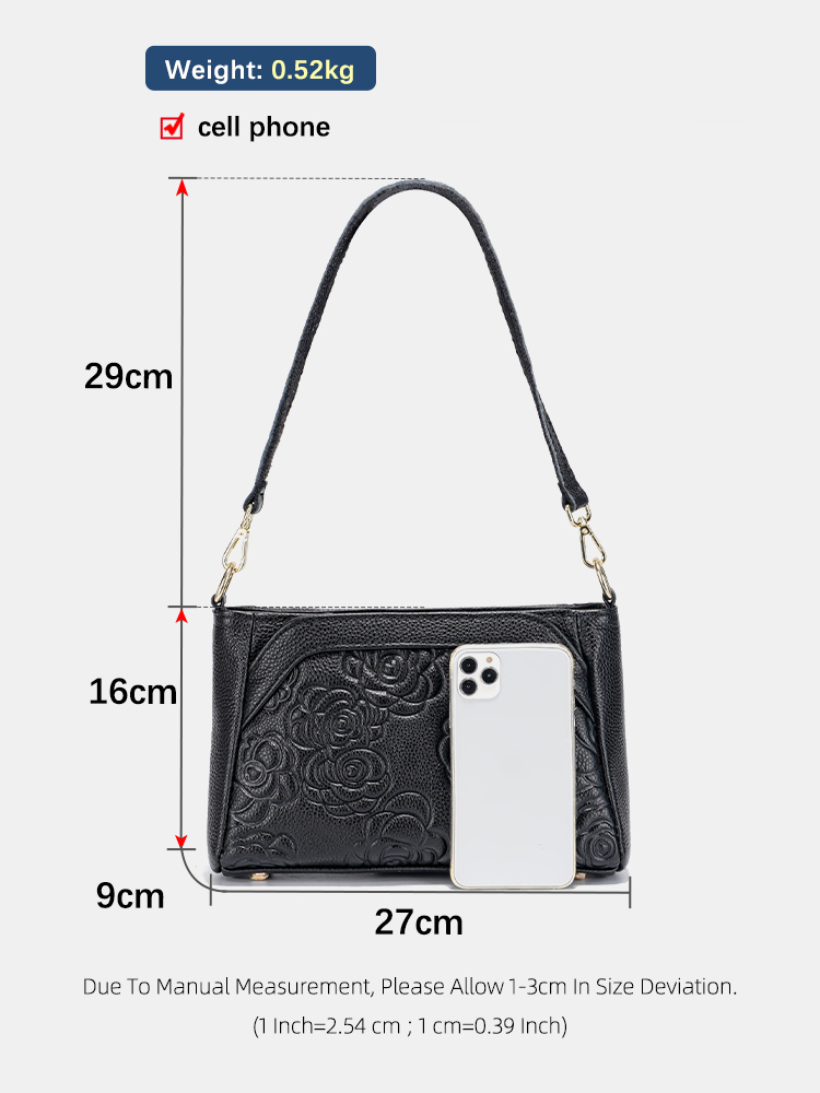 Zency Women Elegant Rose Embossing Cowhide Leather Black Handbag Shoulder Bag Crossbody Bag Small Leather Bag For Spring Summer