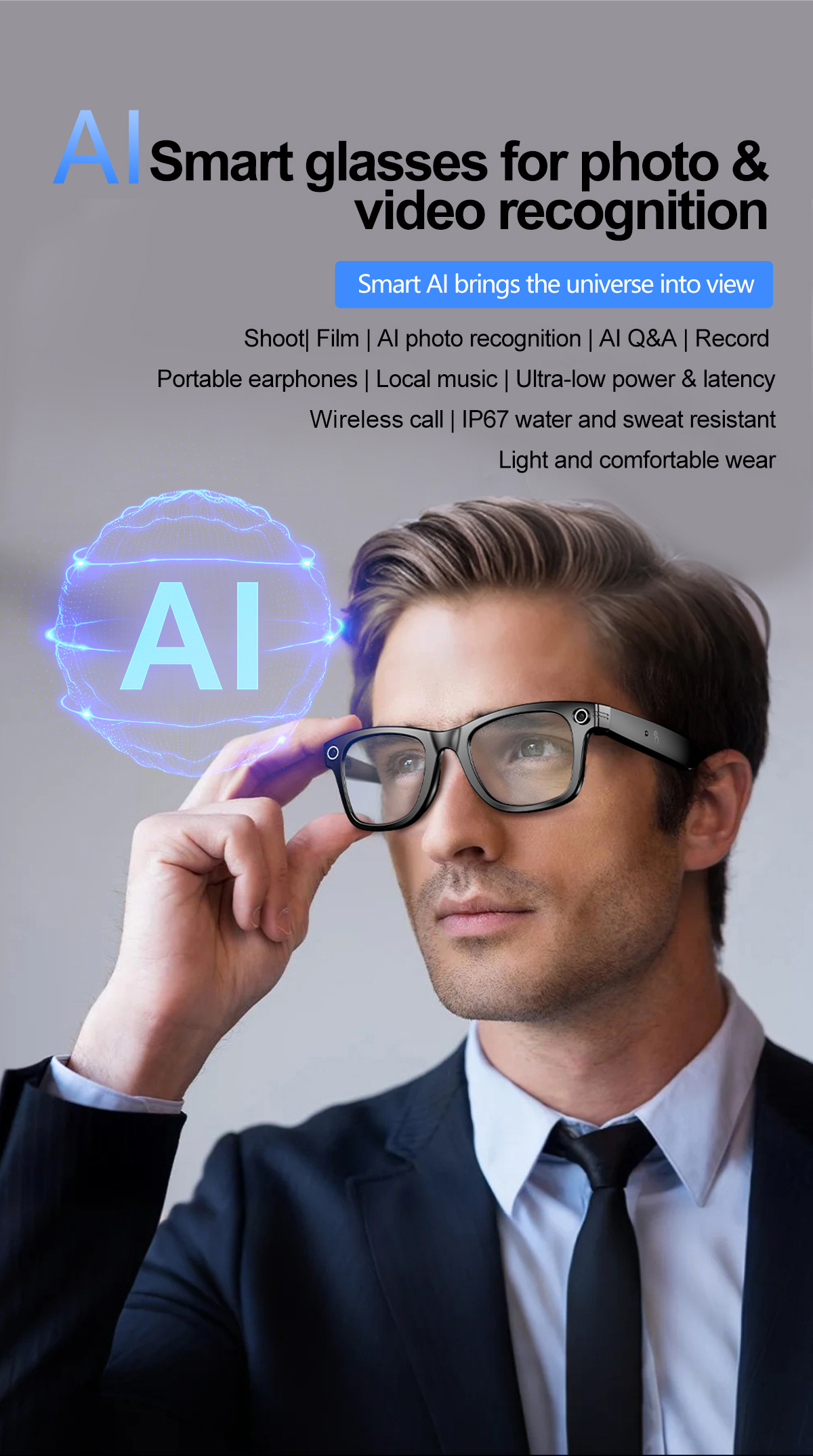 LIGE Sports smart glasses AI translation glasses Anti-blue light glasses, wireless call music control audio glasses IP67 waterproof camera and video g
