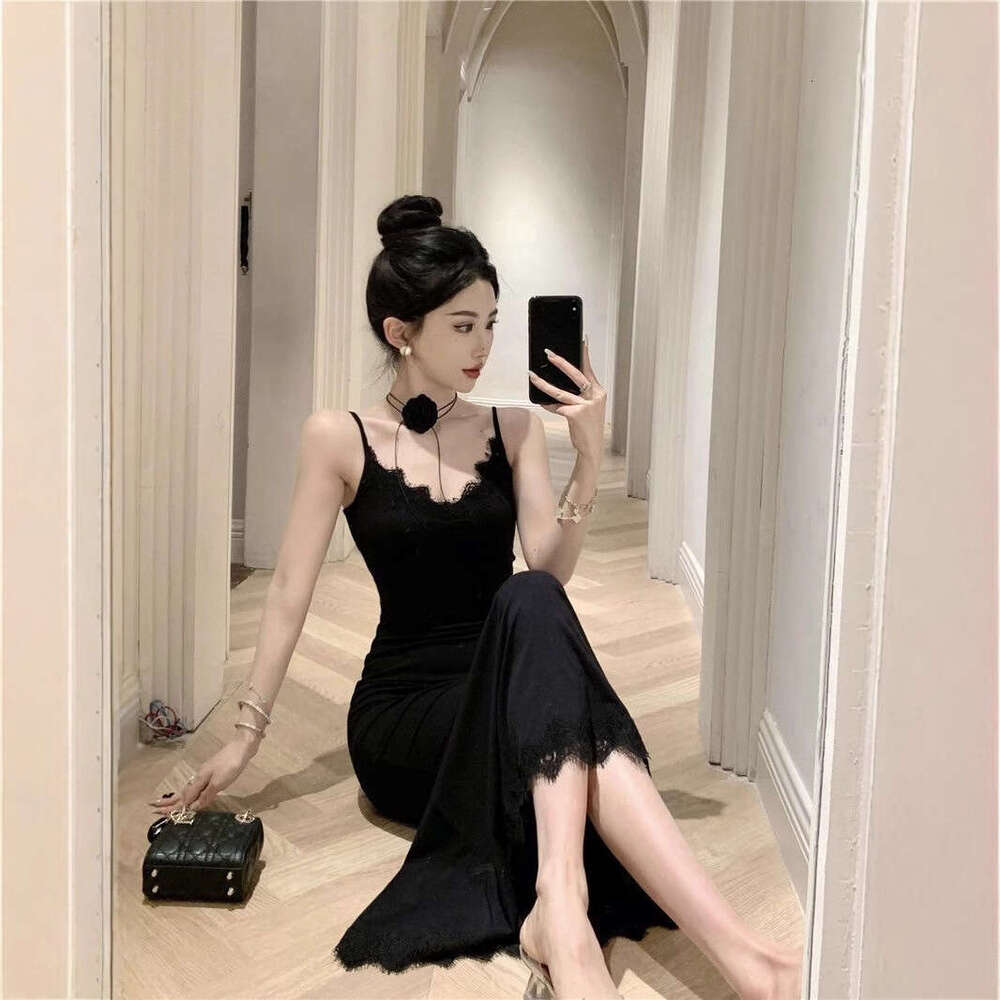 Sexy Black Strap For Women New Summer Goddess Style Elegant Waist-Cinching V-Neck Lace Long Dress B5