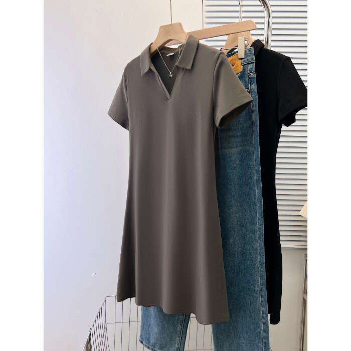 Sweet Spicy Girl Pure Desire Style Short Sleeve For Women Summer Korean Version Versatile Slim Fit Half Open Polo Collar Mid-Length Dress B5