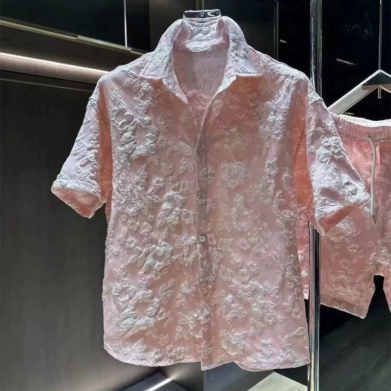 New Summer Floral Print Shirt Set for Men, Collared Lightweight Short Sleeve Two Piece Outfit with Embossed Shorts, Casual Wear