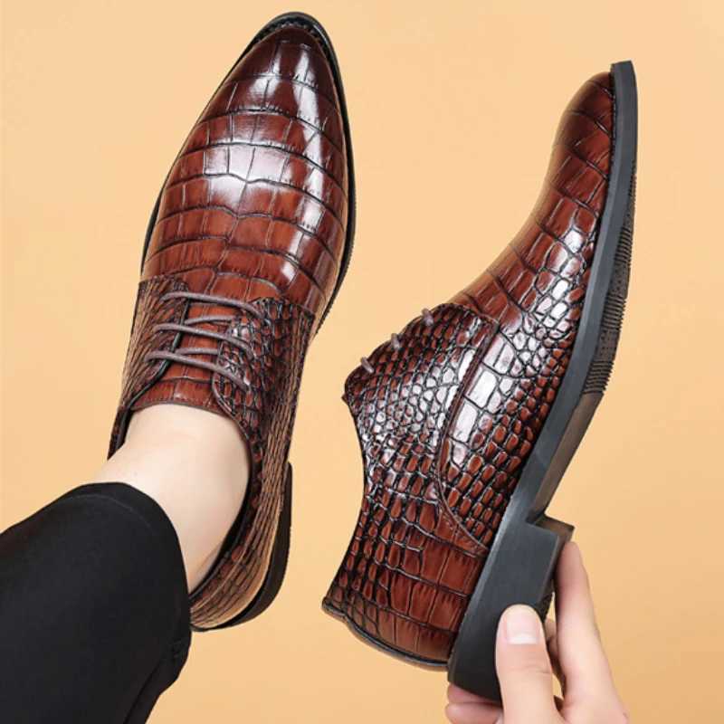 Crocodile Skin Luxury Brand Mens Leather Shoes Lace Pointy Derby Oxford Print Casual Mens Dress Shoes Wedding Party ShoesXJ250710