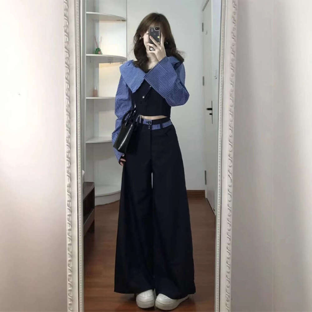 Color-Block Off-Shoulder Striped Patchwork Long Sleeve Shirt Women Spring Autumn College Style Casual Wide-Leg Pants Two-Piece Set B5