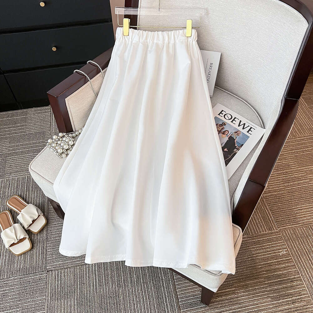 French Style White Gentle Temperament Draped High Waist Slimming Midi For Women Summer Cool Design Flared Umbrella Skirt B5