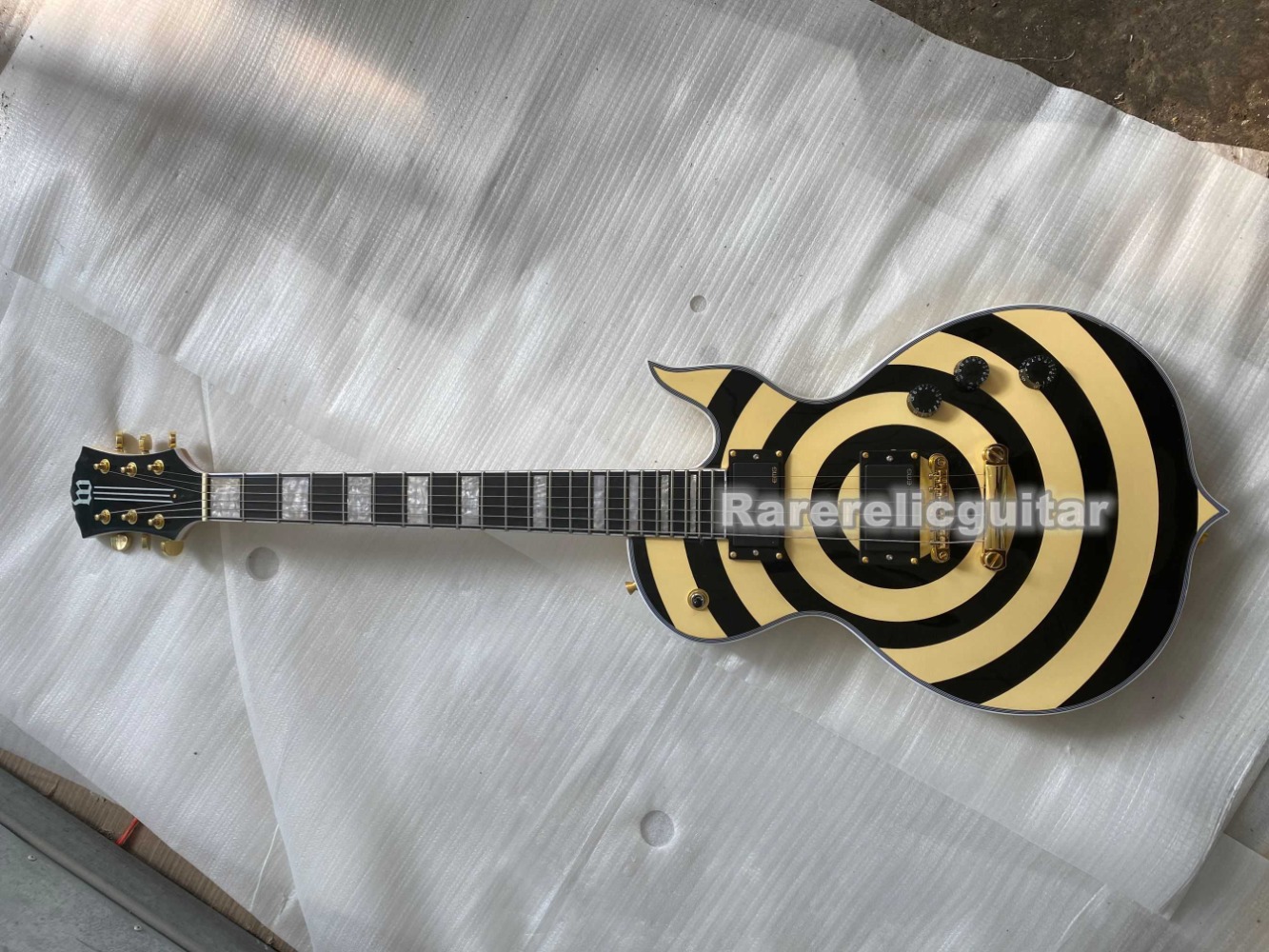 Wylde Audio Black and Yellow Design Electric Guitar Skull Graphic, EMG Pickups, and Grover Tuners
