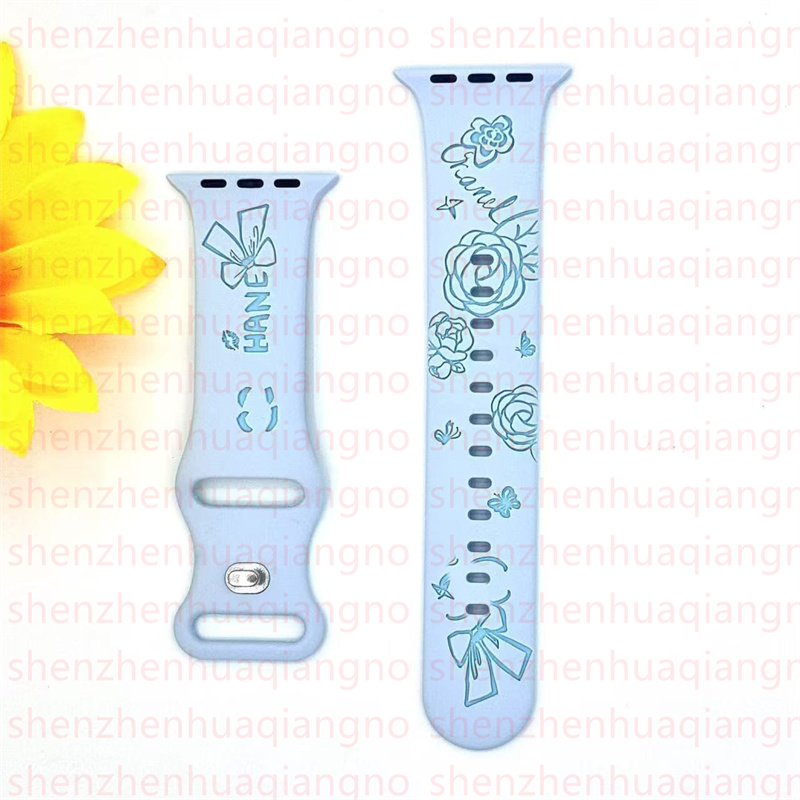 Designer Flower Engraved for Apple iwatch 10 9 8 7 5 6 SE Ultra 2 Series Band 46mm 42 mm 49mm 38mm 40mm 44mm 41mm 45mm Liquid Silicone Watch Strap Wri
