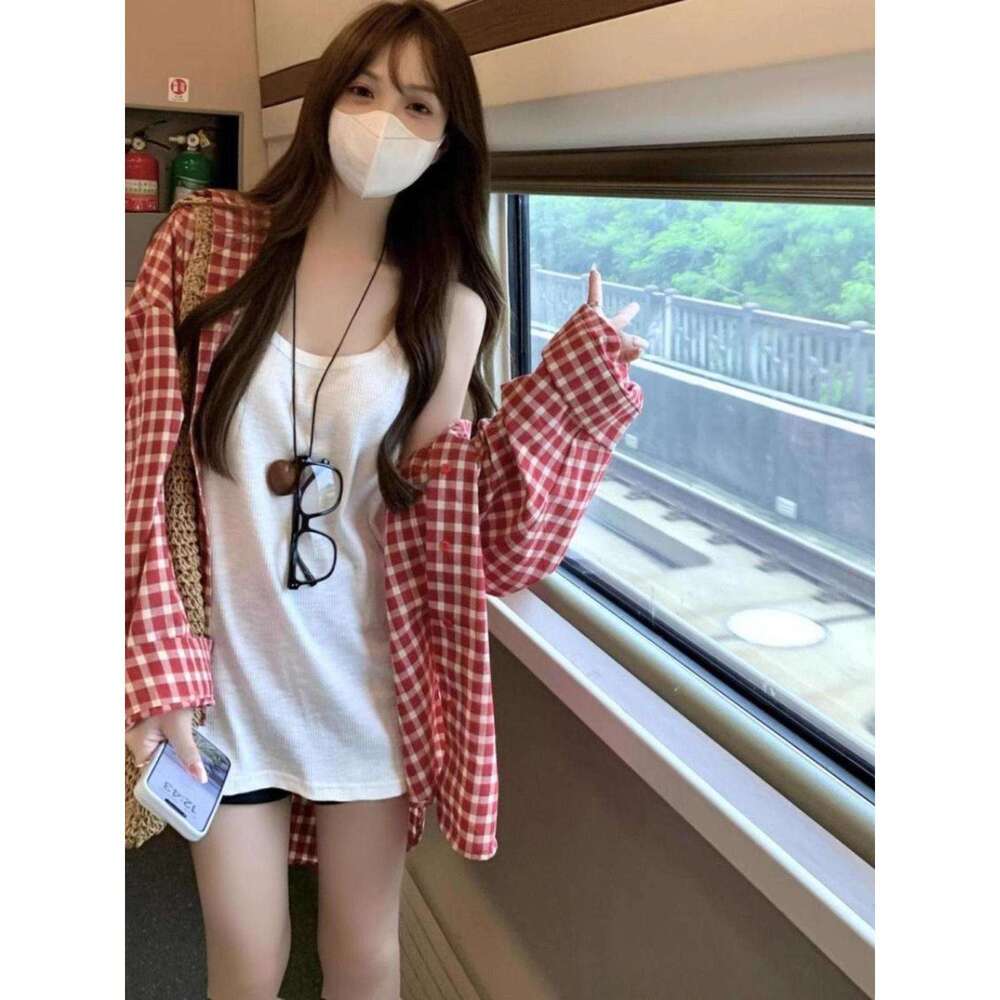 Red Plaid Long Sleeve Top For Women Spring Autumn New French Style Lazy Loose Casual Shirt Jacket B5
