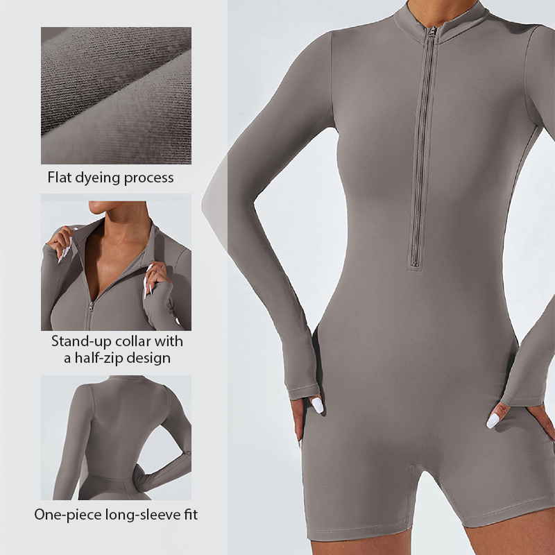 Women's New Open Collar Zip-up Long-sleeve Romper Shorts | Sexy Fitted Yoga Outfit for Dance, Fitness & Workout