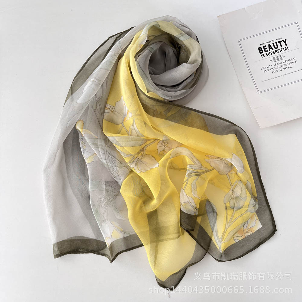 K1325 Summer printed silk scarf all-match transparent perfume orchid chiffon georgette light spring and summer sunscreen scarf for women