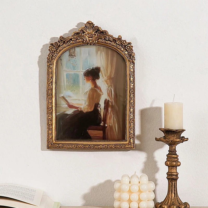 Antique Arch Shaped Gold Carved Embossed Resin Picture Frame Home Office Photo Display Tabletop Wall Hanging Decor H260306