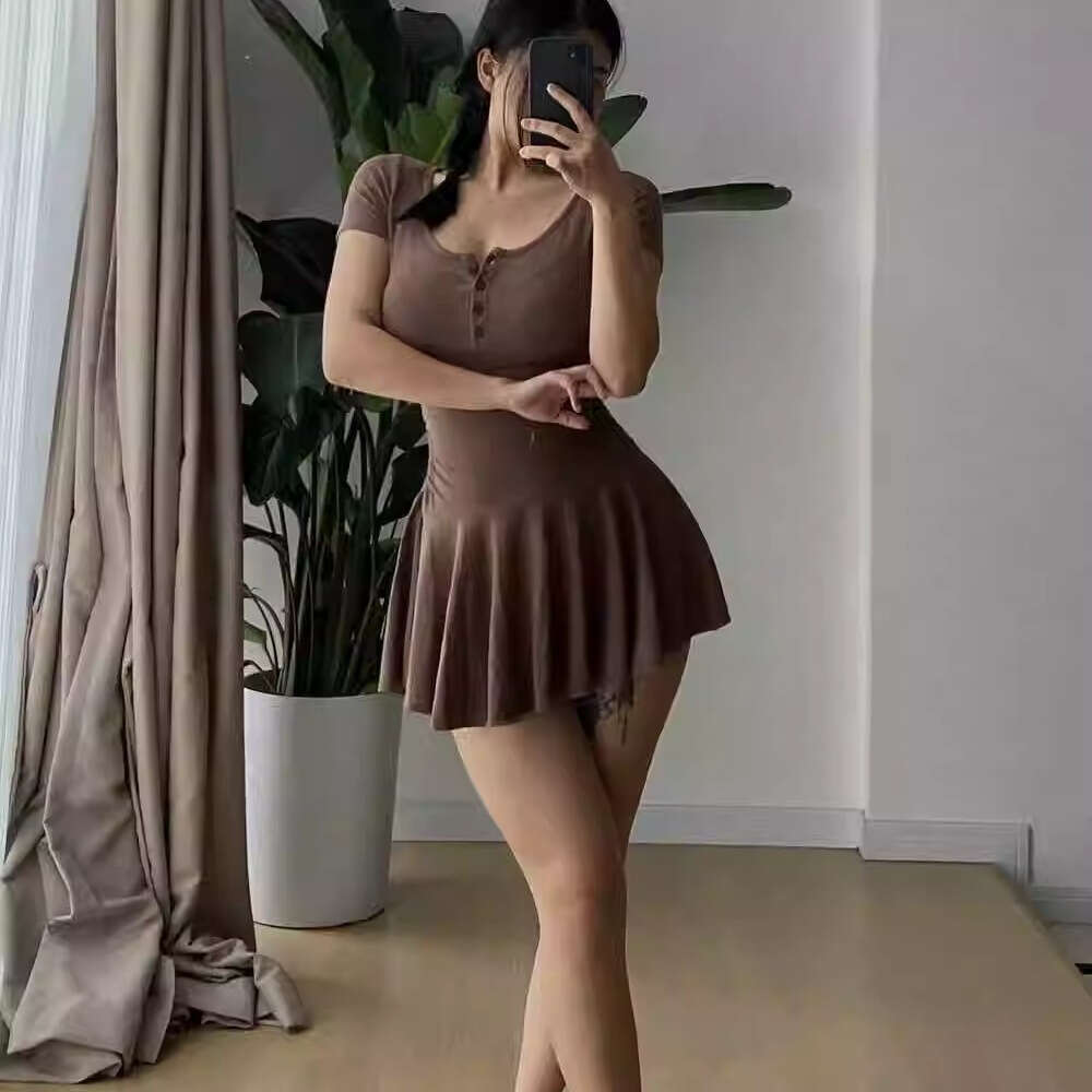 Women's Clothing Petite Gray U-Neck Sleeve Sexy Pure Desire Waist-Cinching Short College Style Fashionable Age-Reducing A-Line Skirt B5