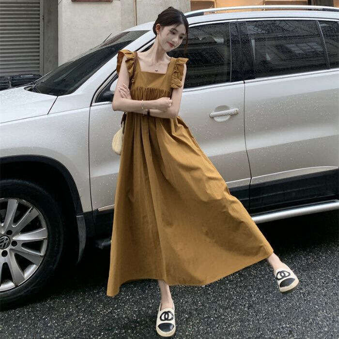 Gentle Style Lace-Up Bowknot For Women Summer Sweet Small Flutter Sleeves Elegant Waist-Cinching Slimming A-Line Long Dress B5