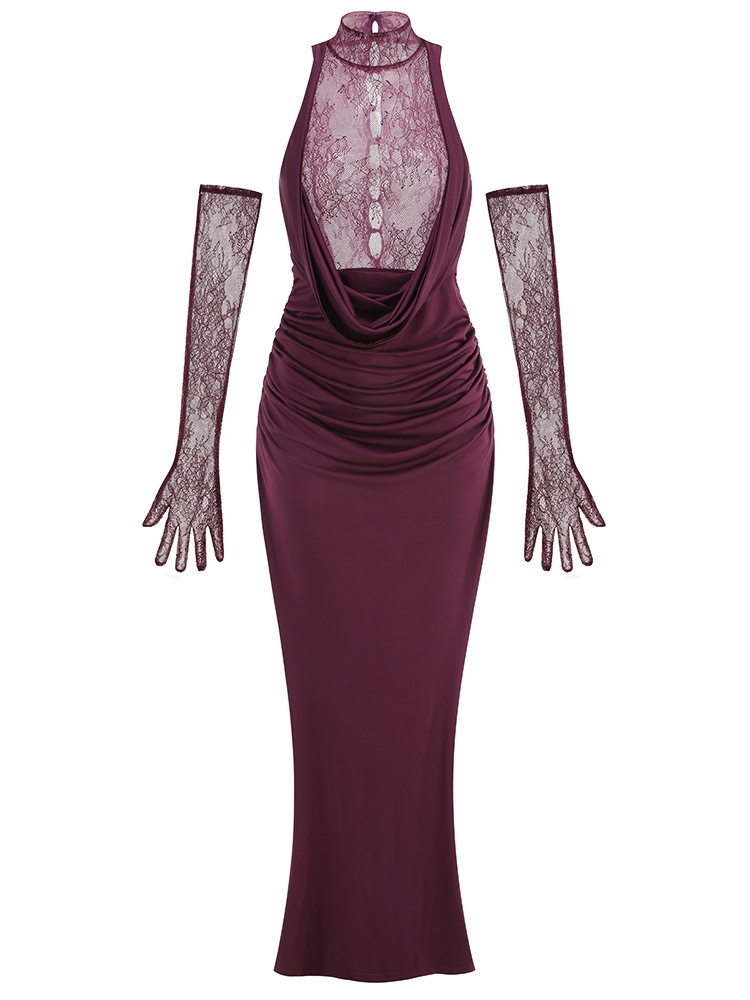 Sexy Turtleneck Lace Patchwork Flods Long Dress With Gloves Women Sleeveless Backless Pleated Dresses Evening Party Cocktail