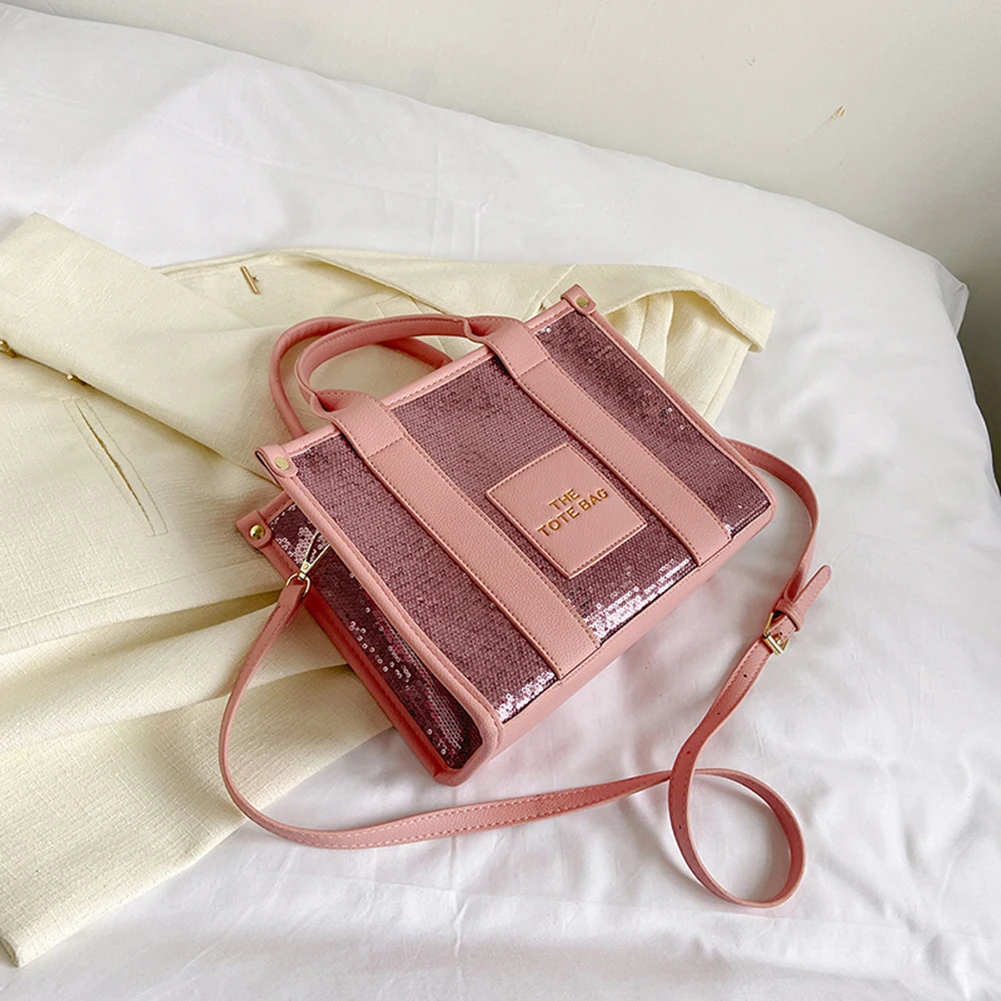 Women Party Tote Bag PU Leather Sequins Top-Handle Bags Casual Fashion Shiny Portable Adjustable Straps Shopper Tote Purse