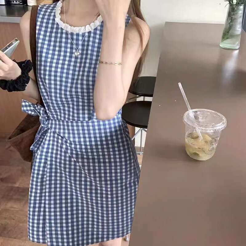 French Blue Plaid Vest For Women Summer New Small Petite Elegant Waist-Cinching A-Line Short Dress B5
