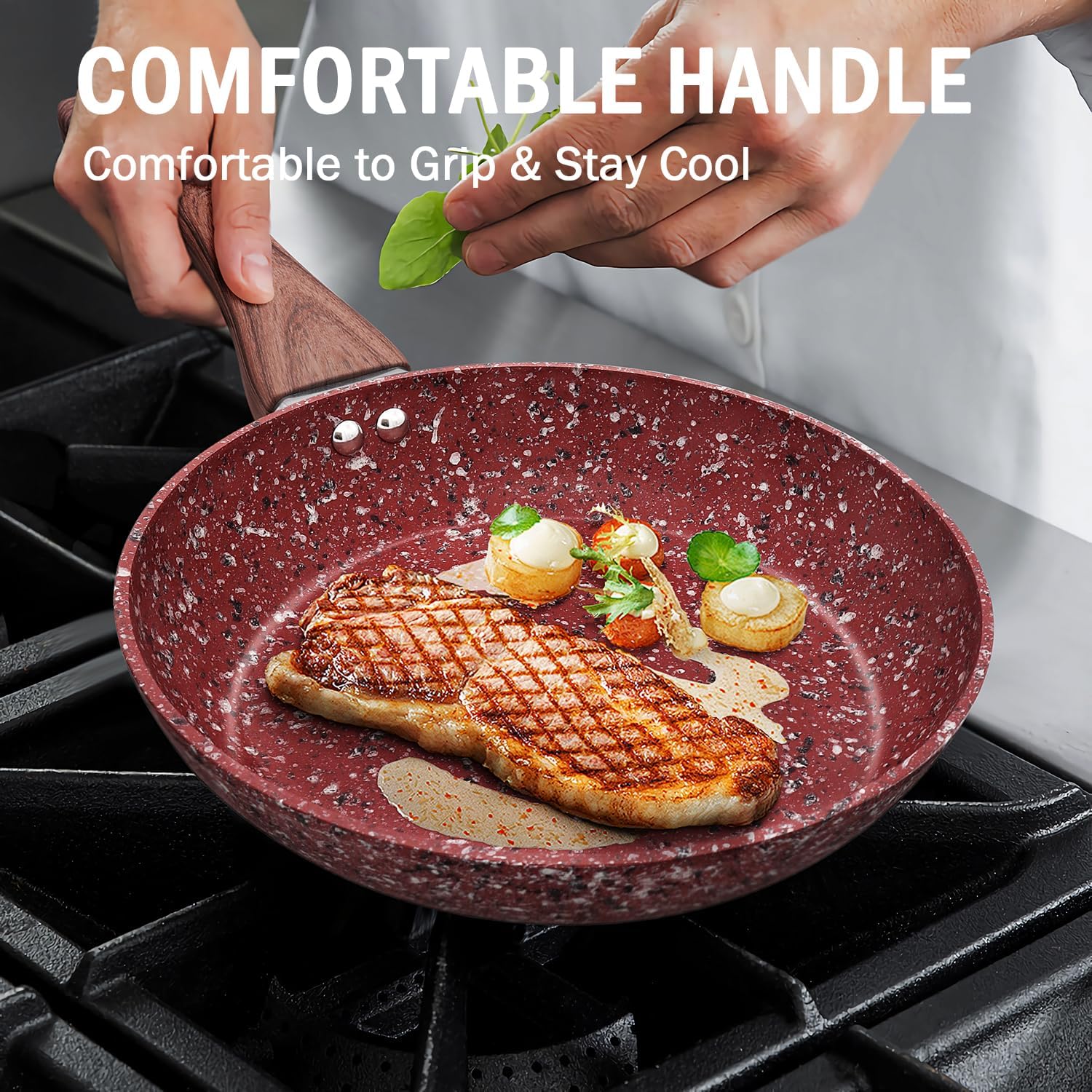 KOCH SYSTEME CS 10 inch Red Granite Non-Stick Frying Pan with Lid, Classic Pans with Non-toxic Nonstick Coating