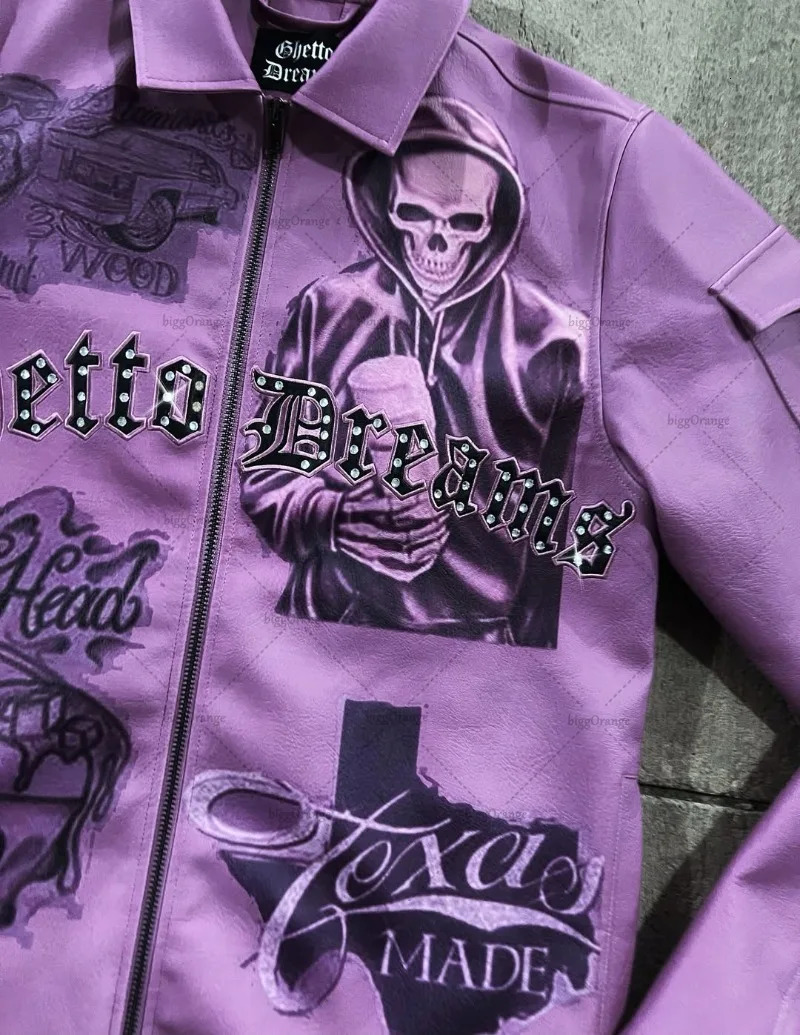 European and American Retro Jacket Demon Letter Purple Oversized Jacket Men Y2K Multi-pocket Splicing Zipper Jacket Men 250712