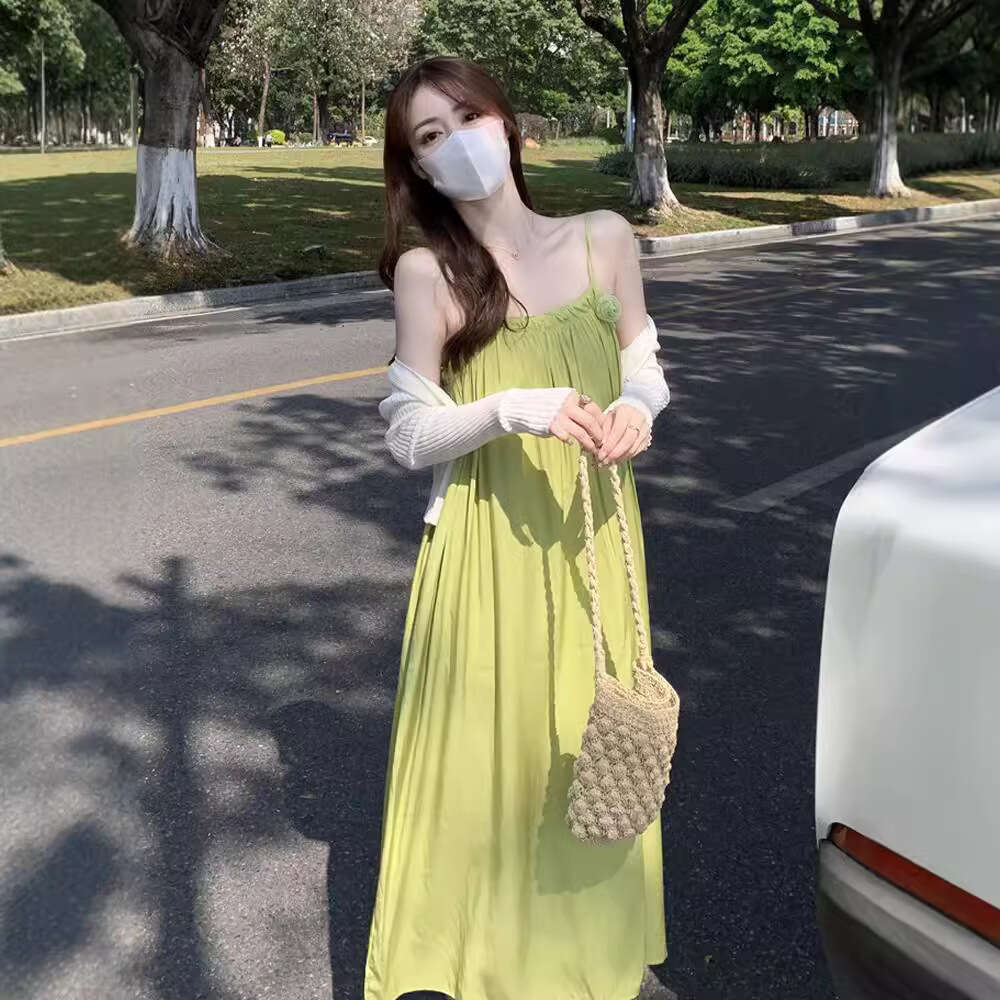 Sweet And Salty Super Fairy Green Strap For Women Summer Gentle Style Vacation Beach Dress B5