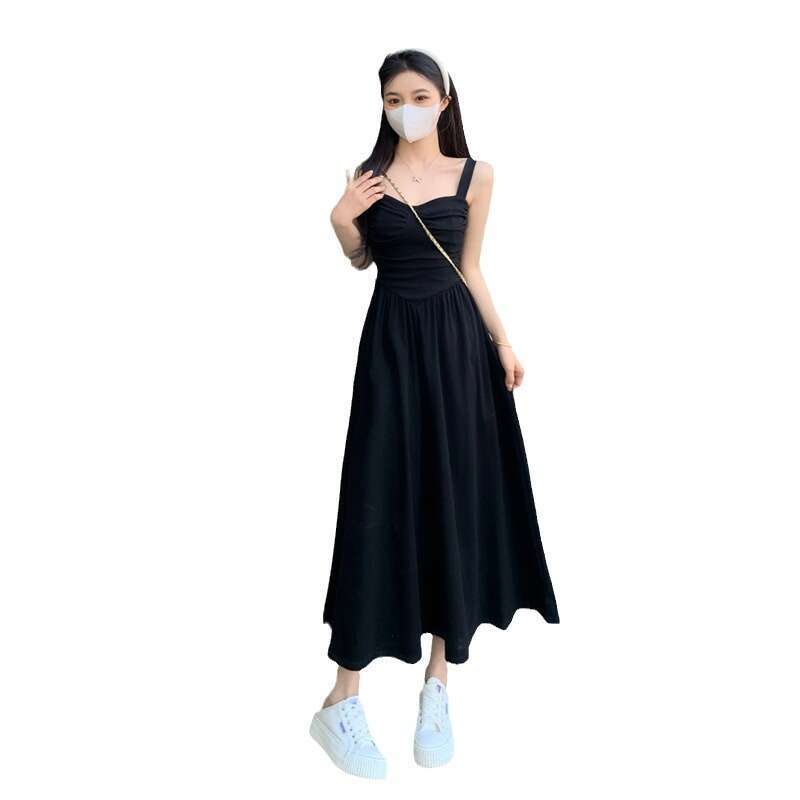 French Strap For Women, Summer Petite Waist-Cinching Slimming High-End Hepburn Style Little Black Long Dress B5