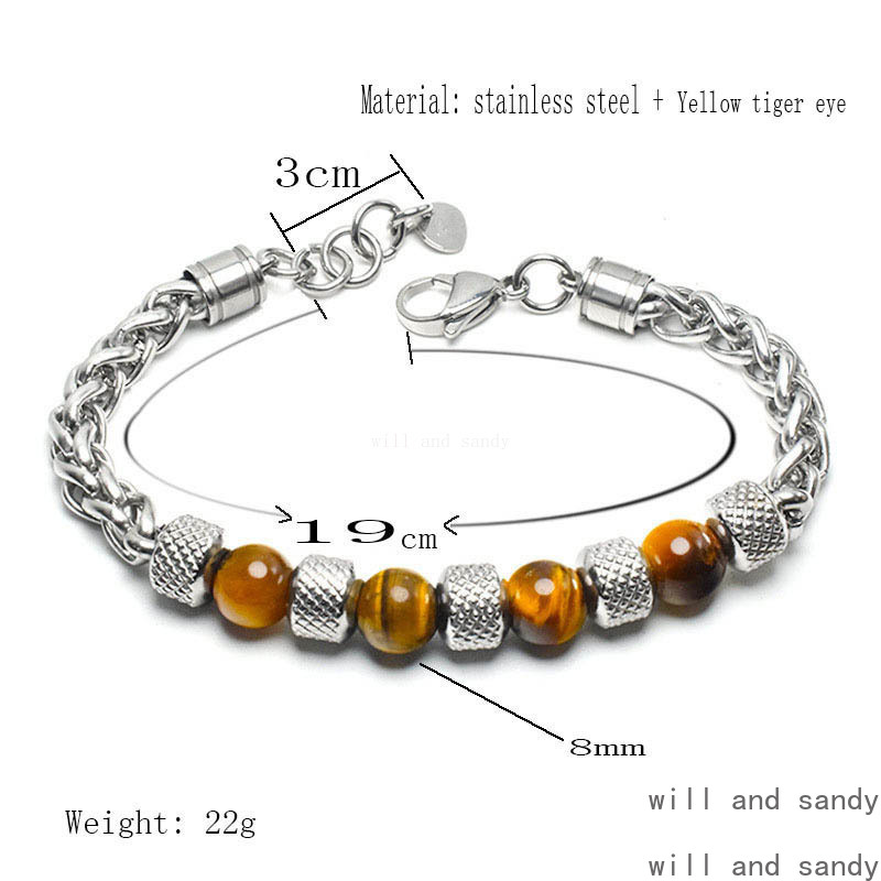 Natural Stone Beaded Strand Bracelets Charm Stainless Steel Chain Designer Jewelry Bracelet Wristband for Men Women Hip Hop Fashion Jewelry Father Bir