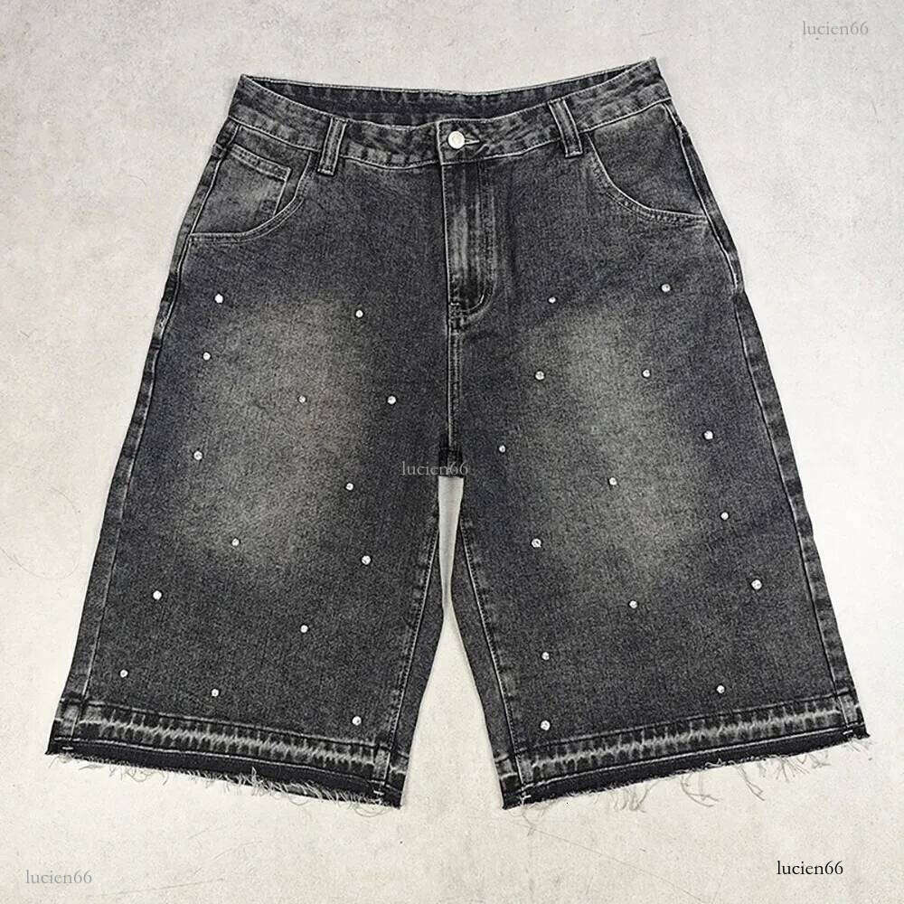 PEERAGE Y2k Retro Rhinestone Washed Wide Leg Baggy Long Jorts Men Streetwear Oversized Frayed Black Grey Loose Denim Jean Shorts 250106