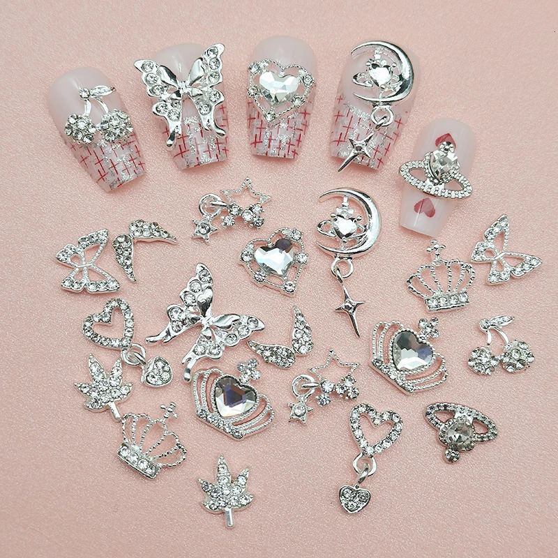 24PCS Star Nail Charms Silver Gems Pink Nail Rhinestones For Nails DIY Multi Style Nail Art Decoration Accessories Nail Supplies 250703