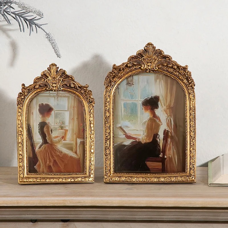 Antique Arch Shaped Gold Carved Embossed Resin Picture Frame Home Office Photo Display Tabletop Wall Hanging Decor H260306