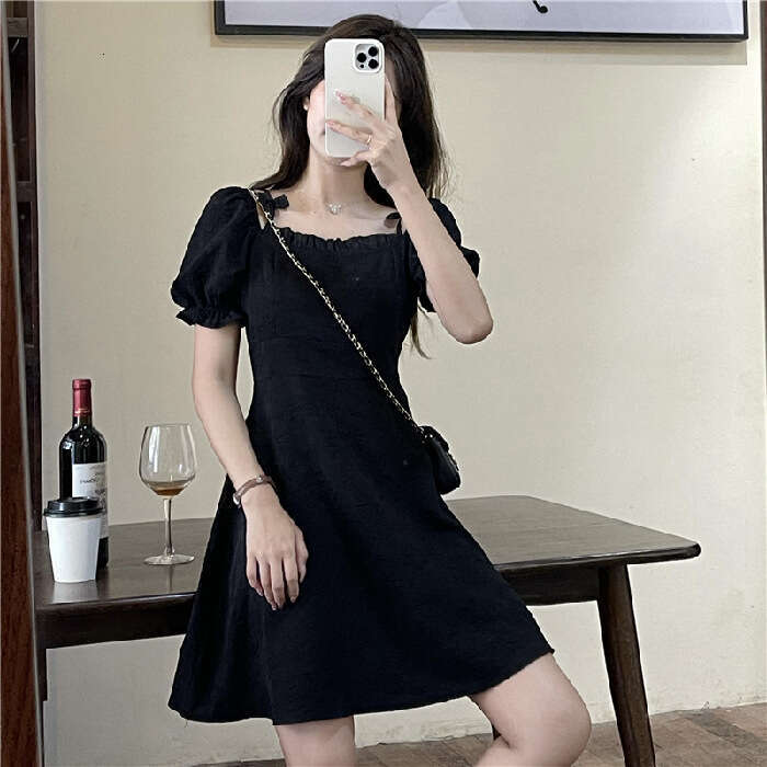 Plus Size Puff Sleeve Women's Fashion Summer New French Style Little Black Petite Short Dress B5