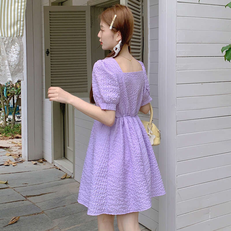 High-End Waist-Cinching Elegant Mid-Length Summer New French Style Slim Sweet Fresh Square Neck Dress For Women B5