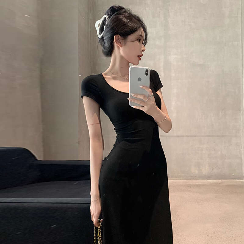Spicy Girl Black Backless Short Sleeve For Women Summer High-End Sexy Slim Fit Elegant Slimming Bodycon Split Long Dress B5