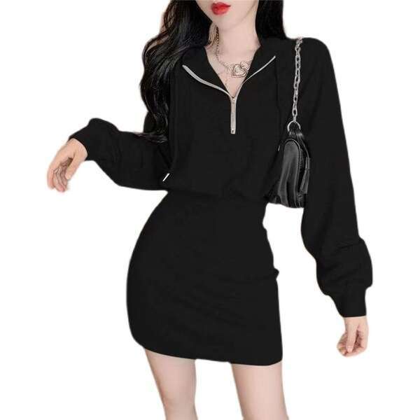 Autumn Winter New Mature Style Waist Slimming Petite Dress Women Long Sleeve Hooded Base Sweatshirt B5