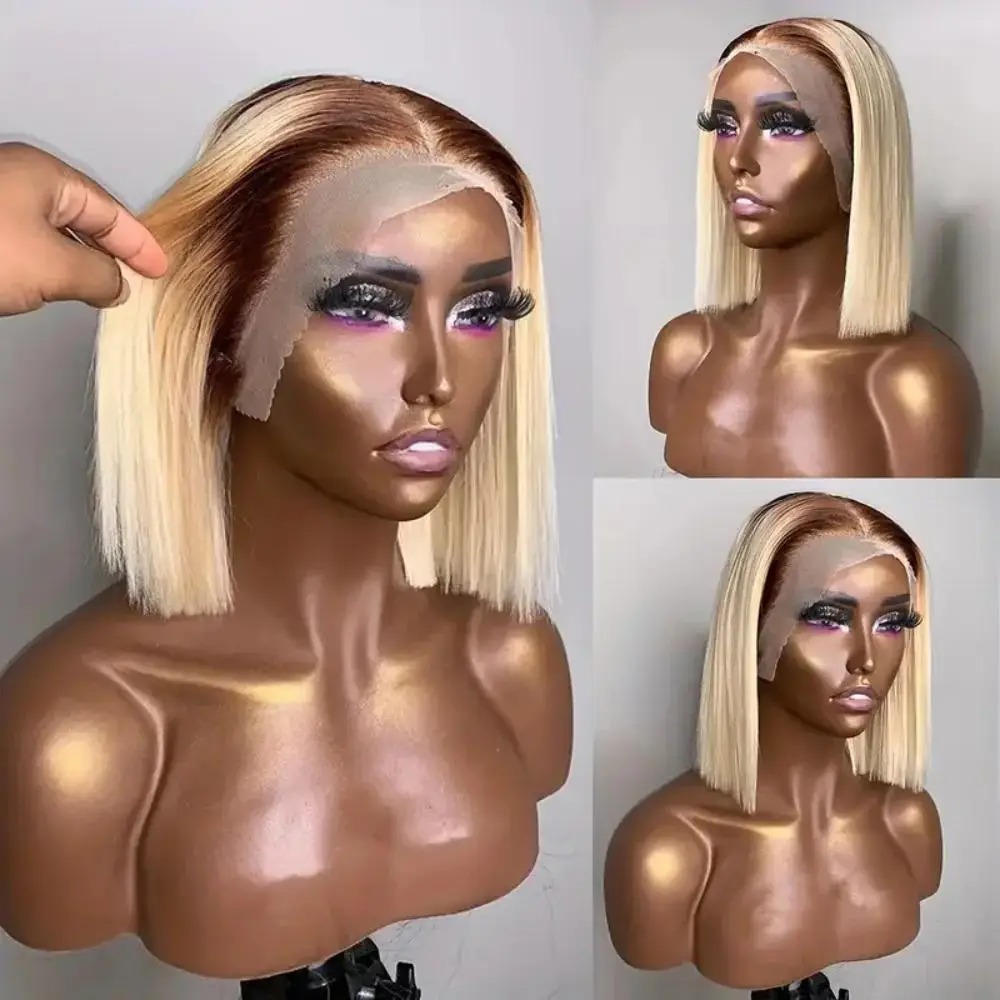 Ombre Blonde Wig Straight Short Bob HD Lace Frontal Wig 13x4 Transparent Lace Front Wig Closure Wig For Women Synthetic Wig